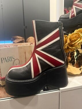 Dolls Kill Black Platform Ankle Boots with Red and White Union Jack NEVER WORN